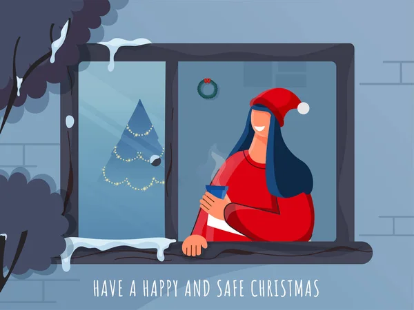 Conception Heureuse Sûre Affiche Célébration Noël Avec Femme Joyeuse Appréciant — Image vectorielle