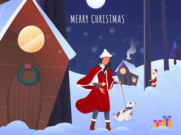煙突の家と冬の月の夜の背景 サンタクロースと若い女の子はメリークリスマスのお祝いのために犬の革を保持 — ストックベクタ