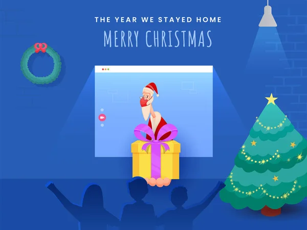 メリークリスマスのための青い背景にクリスマスツリーでビデオ通話を通じて子供たちにギフトボックスを与える漫画サンタクロースは自宅で滞在を祝う — ストックベクタ