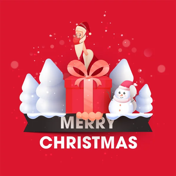 Иллюстрация Санта Клауса Маске Безопасности Подарочной Коробкой Снеговиком Снежными Деревьями — стоковый вектор