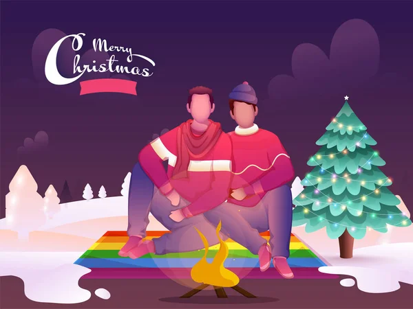 Cartoon Coppia Gay Seduta Davanti Falò Con Albero Natale Decorativo — Vettoriale Stock