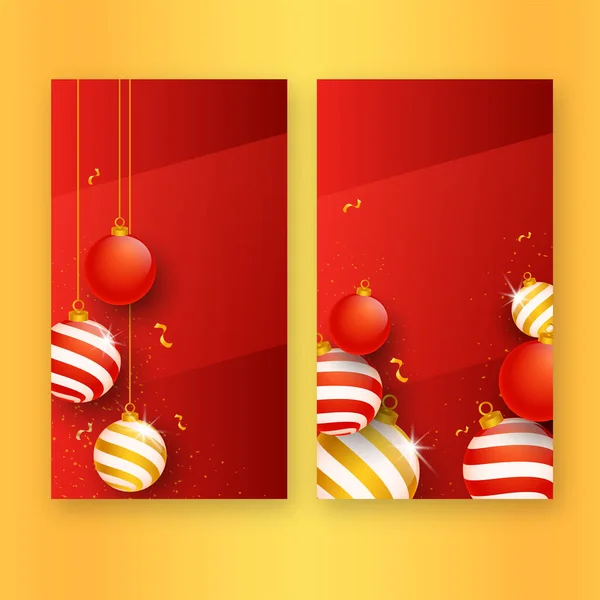 Bolas Natal Com Confetti Dourado Decorado Fundo Vermelho Duas Opções —  Vetores de Stock