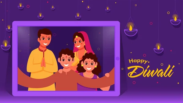 Famille Indienne Joyeuse Prenant Selfie Ensemble Partir Smartphone Lampes Huile — Image vectorielle