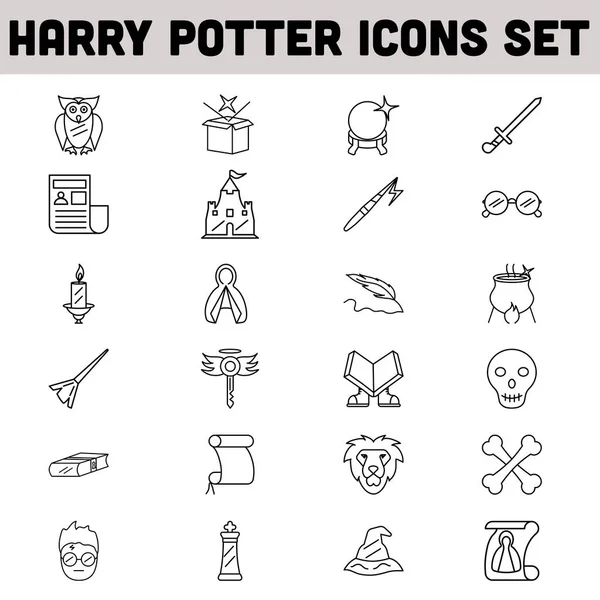 Harry Potter Conjunto Ícones Linha Preta Arte Sobre Fundo Branco —  Vetores de Stock