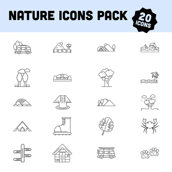 Nature Icon Pack Černé Tenké Čáře Umění — Stockový vektor