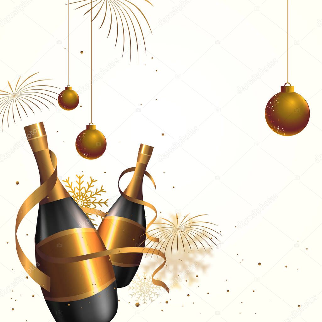 3D Champagne Bottles With Hanging Bronze Baubles, Snowflakes, Ribbons And Fireworks On White Background.