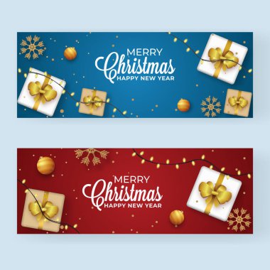 Mavi ve Kızıl Saçlı veya Sancak Tasarımı En İyi Görünümlü Hediye Kutuları, Altın Mücevherler, Kar Taneleri ve Yeni Yıl için Aydınlatma Çelengi.