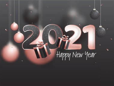 3D hediye kutularıyla 2021 Yılbaşı Mesajı, Baubles asılması ve siyah arka planda süslenmiş konfeti.
