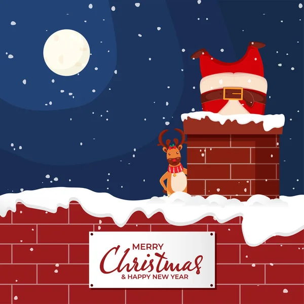 Ілюстрація Santa Claus Chimney Cartoon Reindeer Full Moon Snowfall Background — стоковий вектор