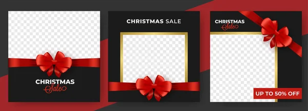 Christmas Sale Posts Template Design Set Closed Red Bow Ribbon — 스톡 벡터