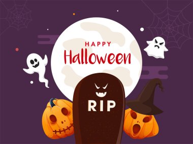 Karikatür Hayaletleri, RIP Taşı ve Dolunayda Balkabağı Mor Arkaplanda Mutlu Cadılar Bayramı Kavramı.