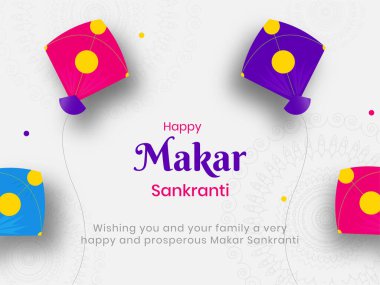 Beyaz Mandala desenli renkli uçurtmalarla Mutlu Makar Sankranti tebrik kartı.