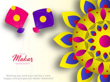 Mutlu Makar Sankranti Kutlama Kavramı Renkli Uçurtmalar ve Beyaz Arkaplanda Çiçek Rangoli.