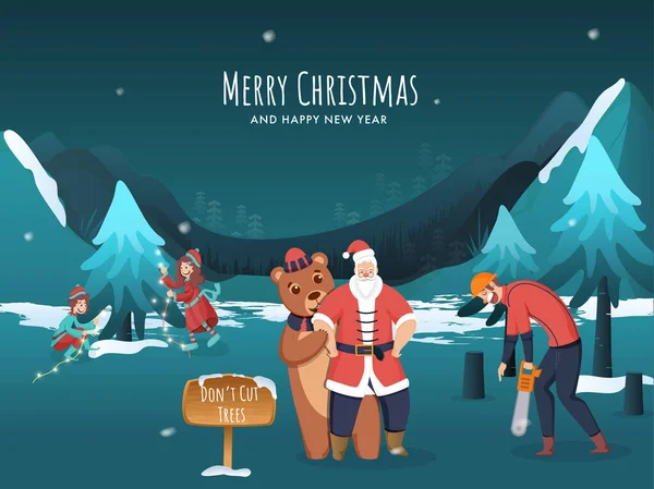 Illustration Von Weihnachtsmann Mit Bär Kinder Geschmücktem Weihnachtsbaum Holzfäller Figur — Stockvektor