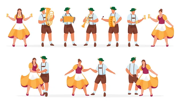 Hombre Mujer Alemanes Usan Vestido Tradicional Con Bebidas Danza Tocar — Vector de stock