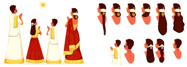 Illustration South Indian Family Doing Surya Sun Worship Various Type — 스톡 벡터