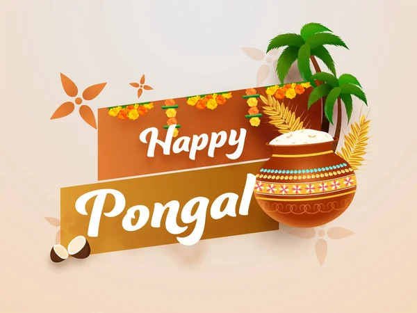 Glückliche Pongal Schrift Mit Pongali Reisschlamm Topf Weizenohren Palmen Und — Stockvektor