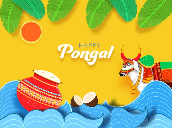 ポンガリ米泥鍋 ココナッツ スリヤ 紙の波と幸せなポンガルのための黄色の背景に葉と装飾的なインドの牛の文字 — ストックベクタ