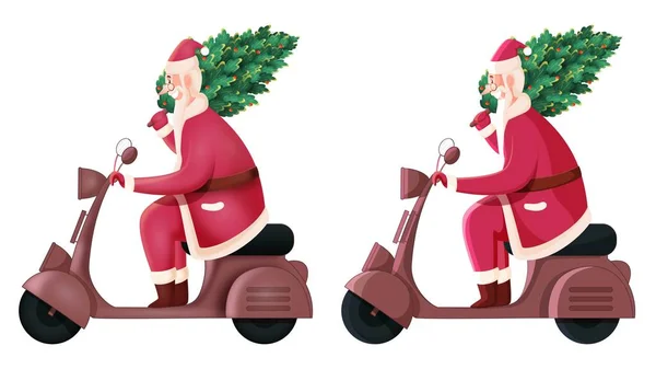 Scooter Allegro Guida Babbo Natale Con Albero Due Immagini — Vettoriale Stock