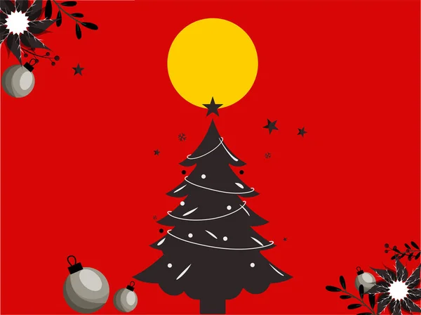 Векторная Иллюстрация Рождественского Дерева Побрякушками Цветами Пойнсеттии Полной Луной Красном — стоковый вектор