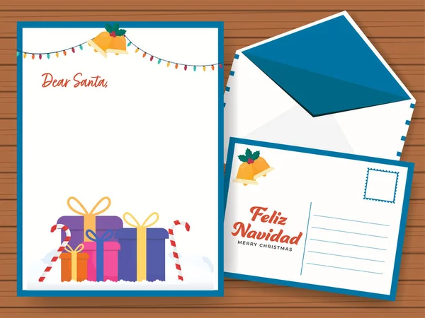 Merry Christmas Greeting Card Double Sides Envelope Dear Santa — Stock Vector