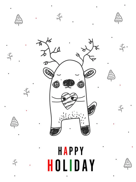 2017 Sketching Cartoon Reindeer Holding Heart Tree White Background Happy — 스톡 벡터