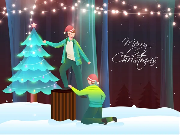 雪の森の背景に若い男の子のキャラクター クリスマスツリーと照明ガーランドとメリークリスマスのコンセプト — ストックベクタ