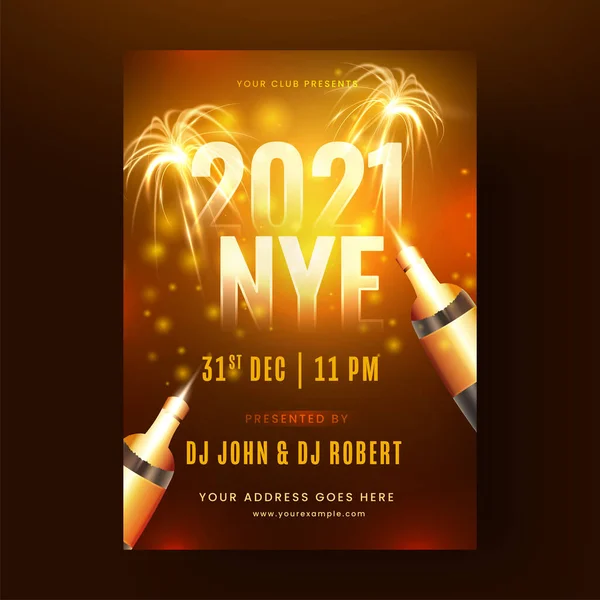 2021 Nye Party Flyer Design Champagne Bottles Fireworks Background — Stock Vector