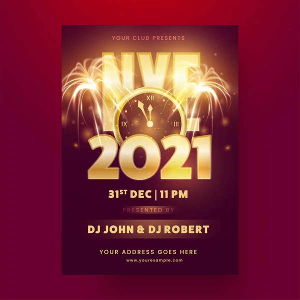 2021 Nye Party Flyer Invitation Card Golden Clock Fireworks Effect — Stock Vector