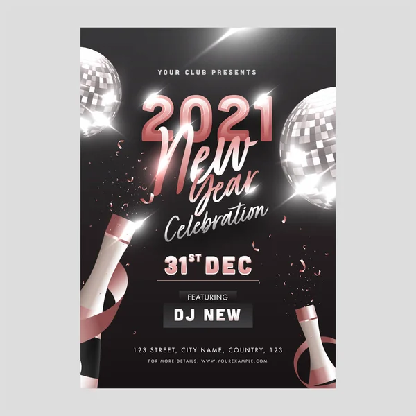 Tarjeta Invitación Celebración Año Nuevo 2021 Con Bolas Discoteca Botellas — Vector de stock