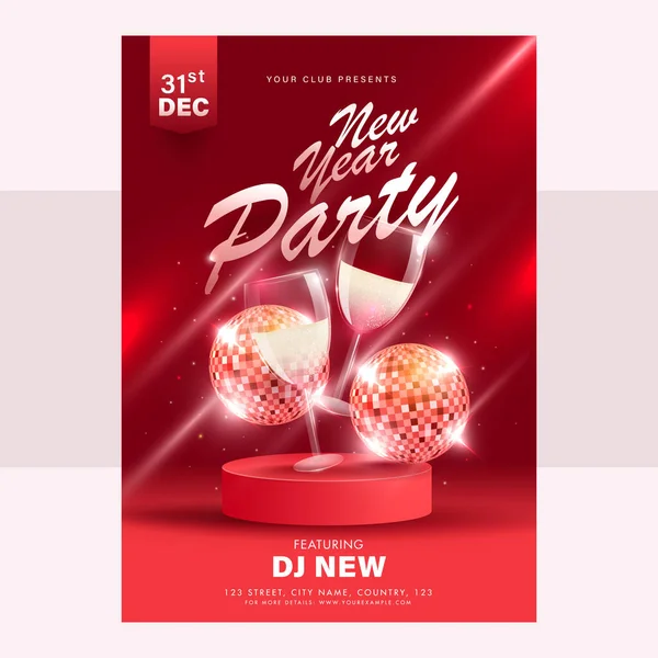 New Year Party Flyer Design Wine Glasses Disco Balls Red — Stock Vector