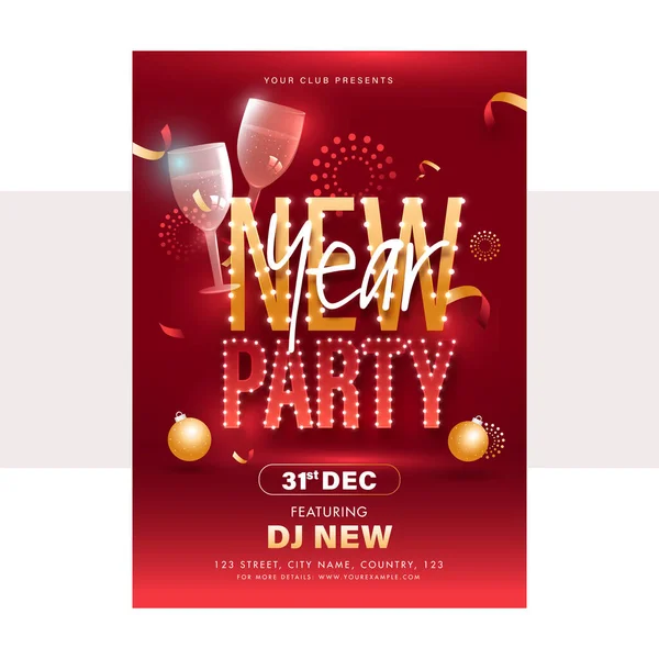 New Year Party Flyer Ontwerp Met Wijnglazen Rode Achtergrond — Stockvector