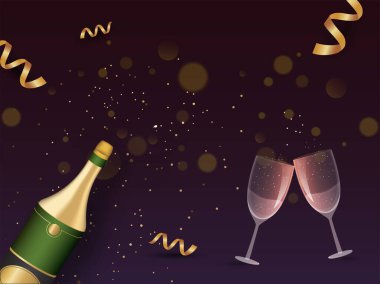 Alkış gözlüklü 3 boyutlu şampanya şişesi ve mor arka planda altın kıvrımlı kurdeleler..