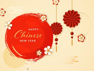 Mutlu Çin Yeni Yılı Metinleri Çiçekler ve Kağıt Katlı Kırmızı Fırça Darbesi ve Sarı Çakışan Yıldız Arkaplanı.