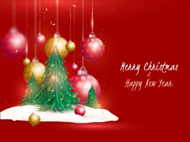 Mutlu Noeller ve mutlu yeni yıl kavramları Xmas ağaçları, gerçekçi soytarılar ve kırmızı zeminde kar.