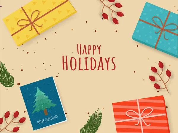 Happy Holidays Concept Avec Vue Haut Des Cadeaux Feuilles Sapin — Image vectorielle