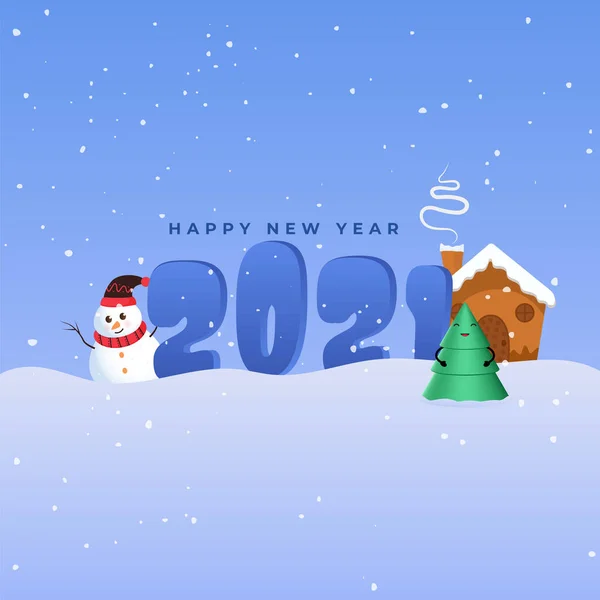2021 Šťastný Nový Rok Text Karikaturou Vánoční Strom Sněhulák Komín — Stockový vektor