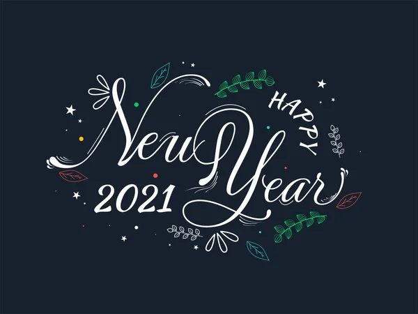 2021 Bonne Année Calligraphie Avec Feuilles Décorées Sur Fond Bleu — Image vectorielle
