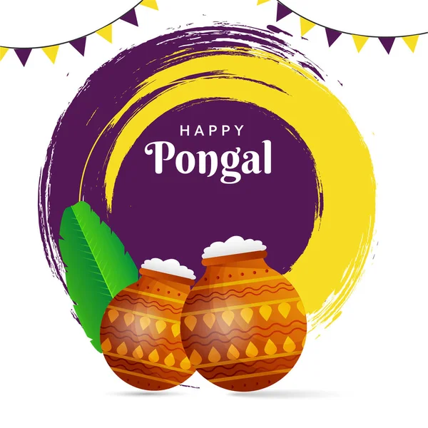 Happy Pongal Concept Celebrazione Con Piatti Tradizionali Pentole Fango Foglie — Vettoriale Stock