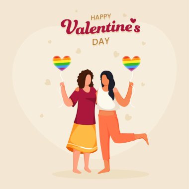 Genç Lezbiyen Çiftin Sevgililer Günü 'nde LGBTQ Bayrağı Balonu.