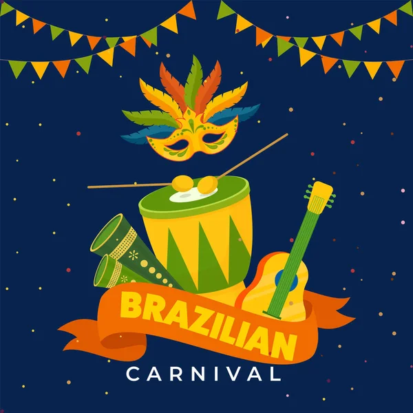 Brazilian Carnival Concept Feather Party Mask Music Instruments Bunting Flags — Stock Vector