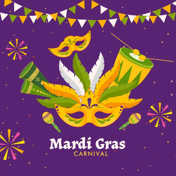 Mardi Gras Karneval Koncepce Peří Maskou Maracas Vuvuzela Buben Nástroje — Stockový vektor