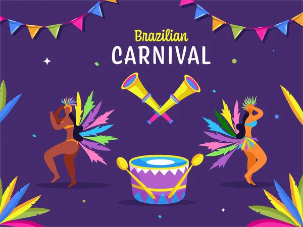 Hintergrund Der Brasilianischen Karnevalsfeier Mit Weiblicher Sambatänzerin Trommel Und Vuvuzela — Stockvektor