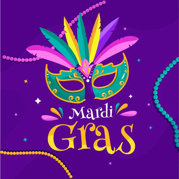 Mardi Gras Texte Avec Masque Carnaval Coloré Sur Fond Violet — Image vectorielle