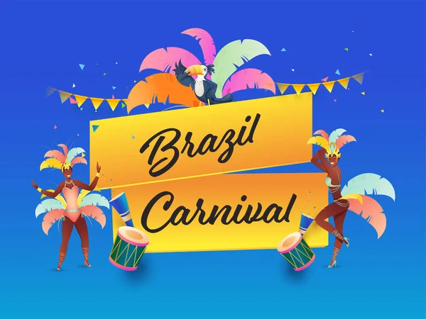 巴西狂欢节的概念与桑巴舞男 派对流行乐和蓝色背景的鸟鸣 — 图库矢量图片