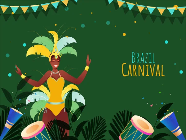 Brazil Carnival Concept Samba Dancer Character Drum Instruments Leafes Party — Stock Vector