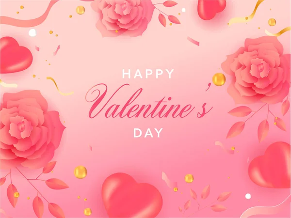 Šťastný Valentýn Text Horní Pohled Růžové Květy Listy Srdce Stuha — Stockový vektor