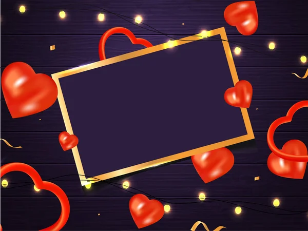 Rectangle Frame Red Hearts Lighting Garland Decorated Purple Wooden Texture — 스톡 벡터