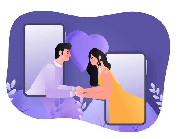 一对年轻夫妇手牵手的图解 蓝白相间背景下心情舒畅的视频通话 — 图库矢量图片