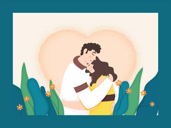 若いカップル抱擁お互いに花でノイズ効果ハートホワイトとブルーの背景 — ストックベクタ